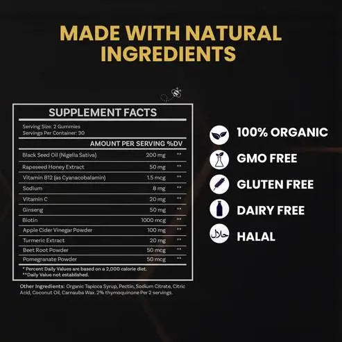 Black Seed Oil & Honey Gummies with Ginseng – Natural Wellness & Energy Boost Healthcare Fitness Dietary Supplement Edible