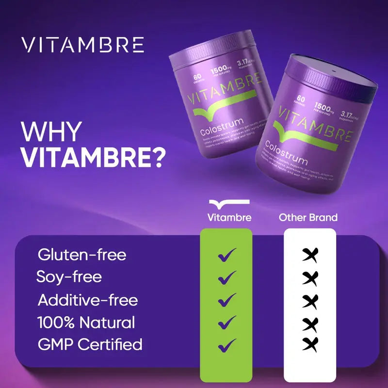 Vitambre Grass-Fed Bovine Colostrum Powder - 1500mg per Serving, 60 Servings, Rich in Immunoglobulins, Lactoferrin & Growth Factors for Gut Health, Immunity & Vitality