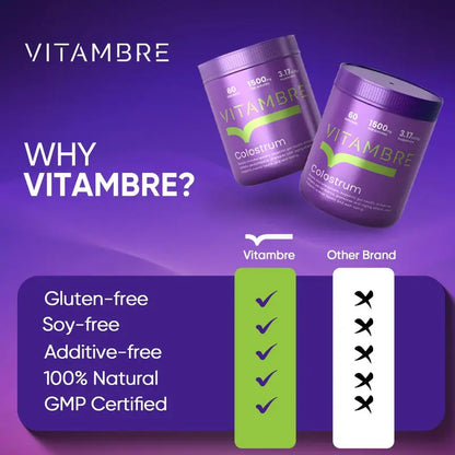 Vitambre Grass-Fed Bovine Colostrum Powder - 1500mg per Serving, 60 Servings, Rich in Immunoglobulins, Lactoferrin & Growth Factors for Gut Health, Immunity & Vitality