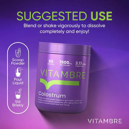 Vitambre Grass-Fed Bovine Colostrum Powder - 1500mg per Serving, 60 Servings, Rich in Immunoglobulins, Lactoferrin & Growth Factors for Gut Health, Immunity & Vitality